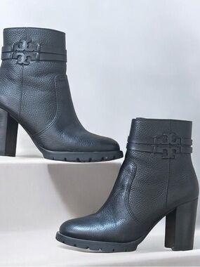 ‼️SOLD-Tory Burch Black Leigh Lug Sole Pebbled Leather Block Heel Logo Booties
